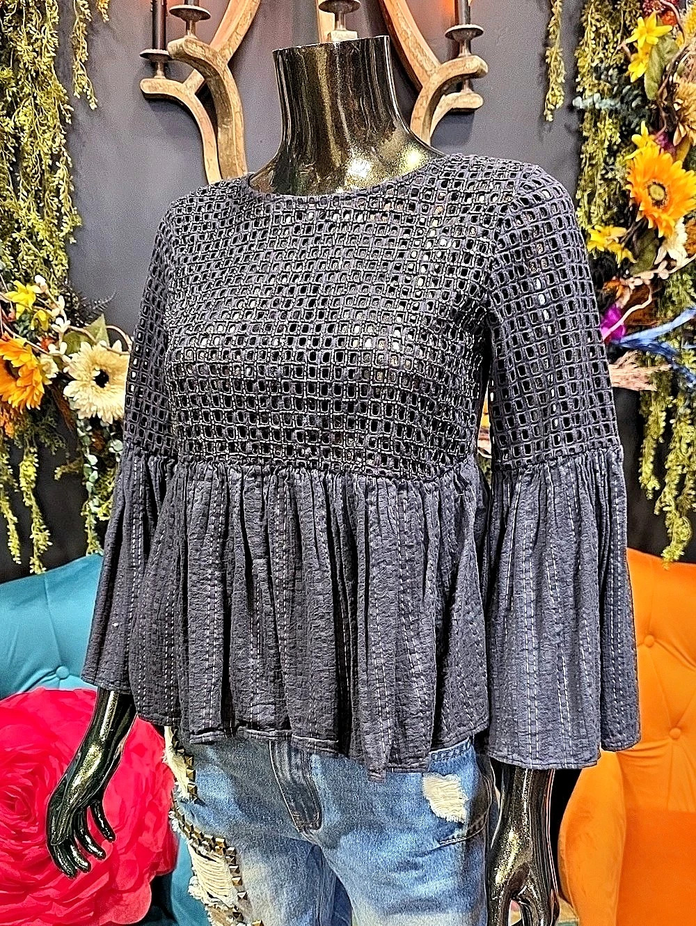 Maeve Dark Navy Beaded & Cut Out Design Top